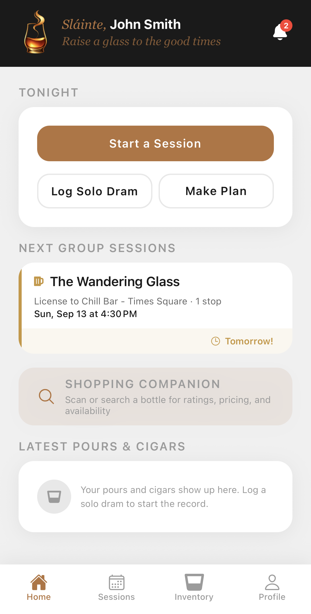 Jimmy Pour dashboard: start a session, log a solo dram, or make a plan