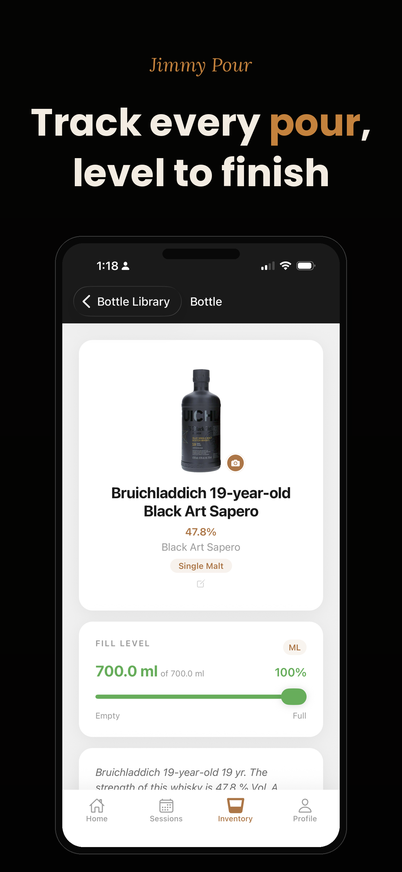 Track every pour, level to finish: a bottle page with its fill level slider