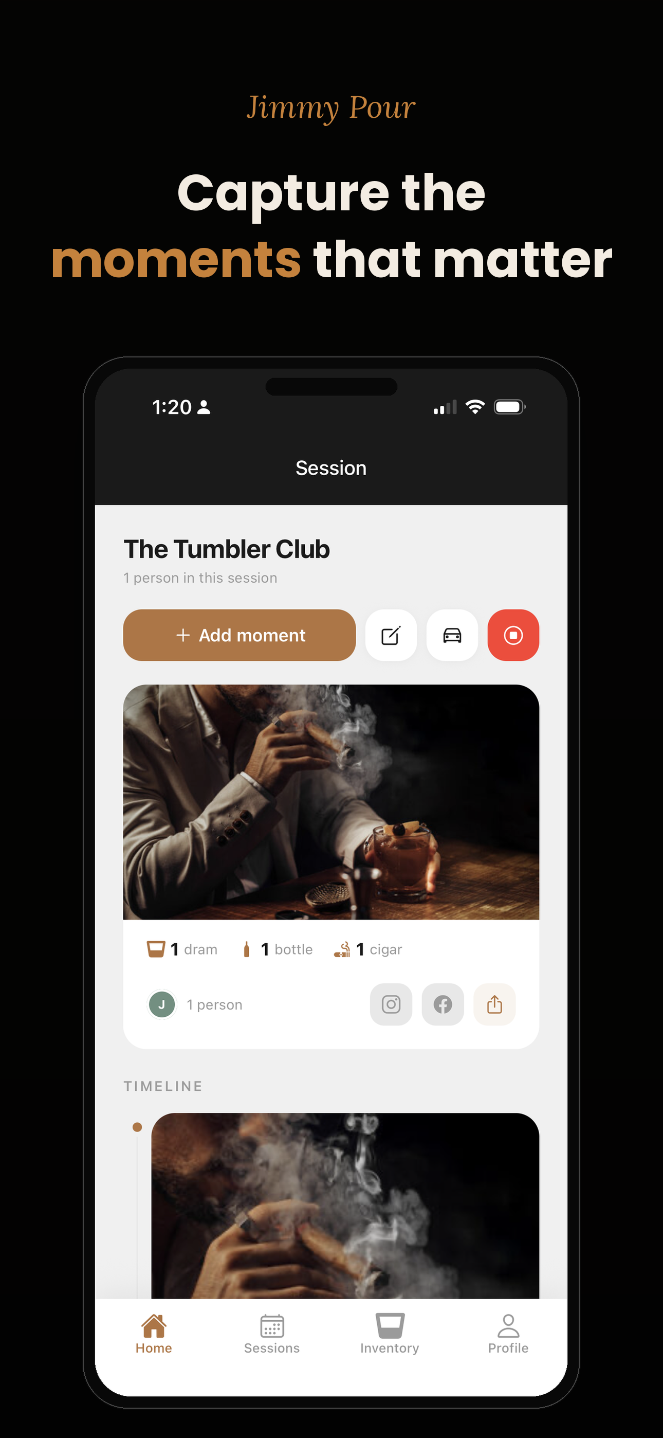 Capture the moments that matter: a live session with Add moment, a photo and the timeline