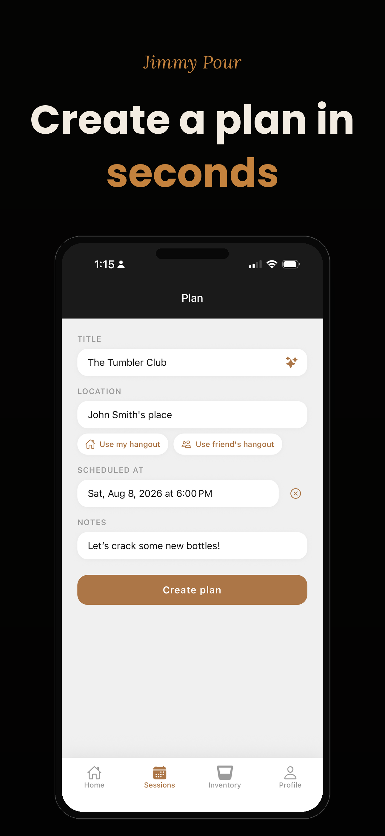 Create a plan in seconds: the Plan form with title, location, time and notes