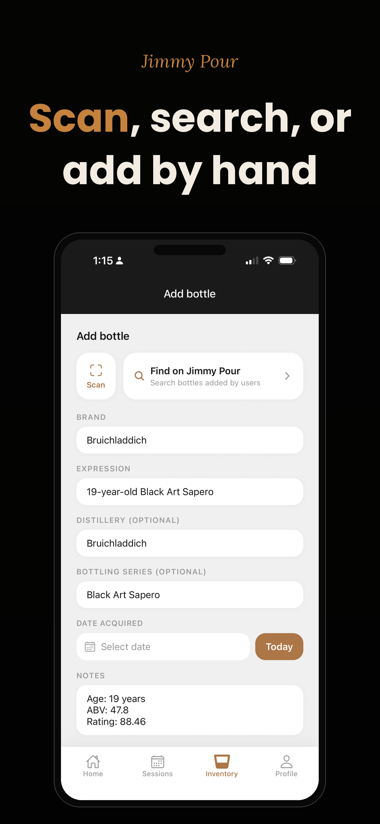 Scan, search, or add by hand: the Add bottle form with Scan and Find on Jimmy Pour