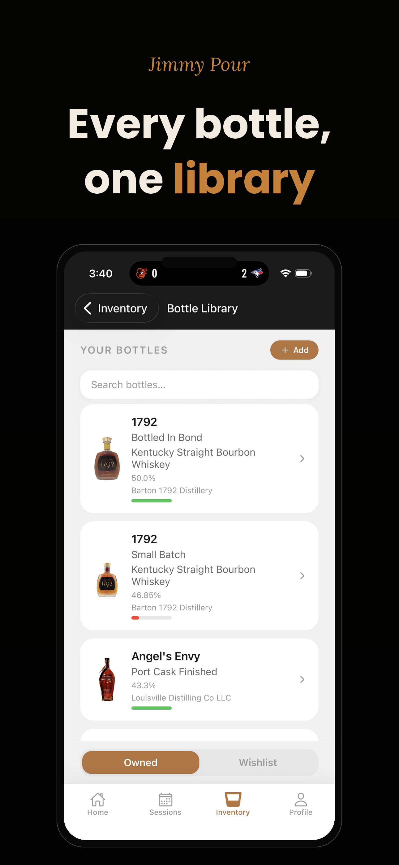 Every bottle, one library: the Bottle Library with three bourbons and their fill levels