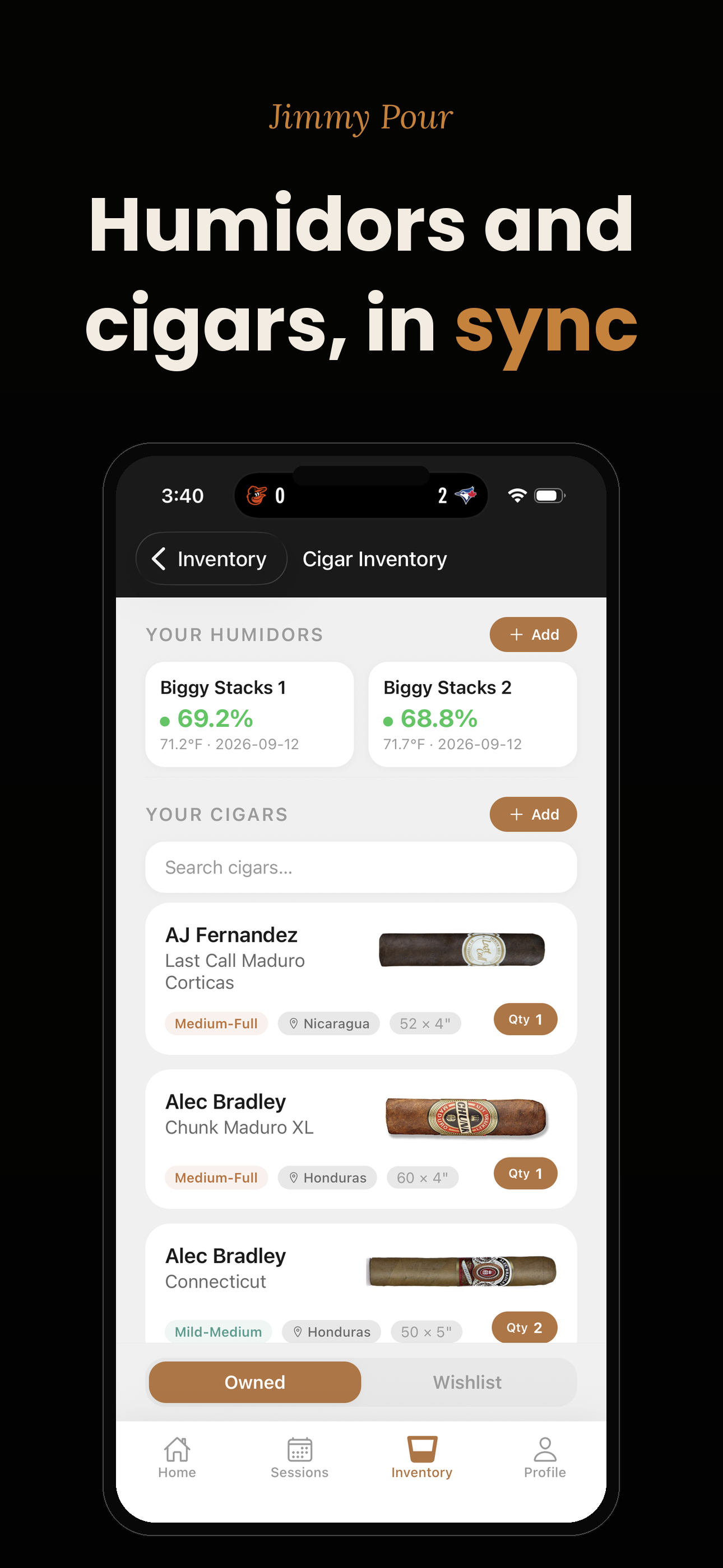 Humidors and cigars, in sync: two humidors with humidity readings above the cigar list