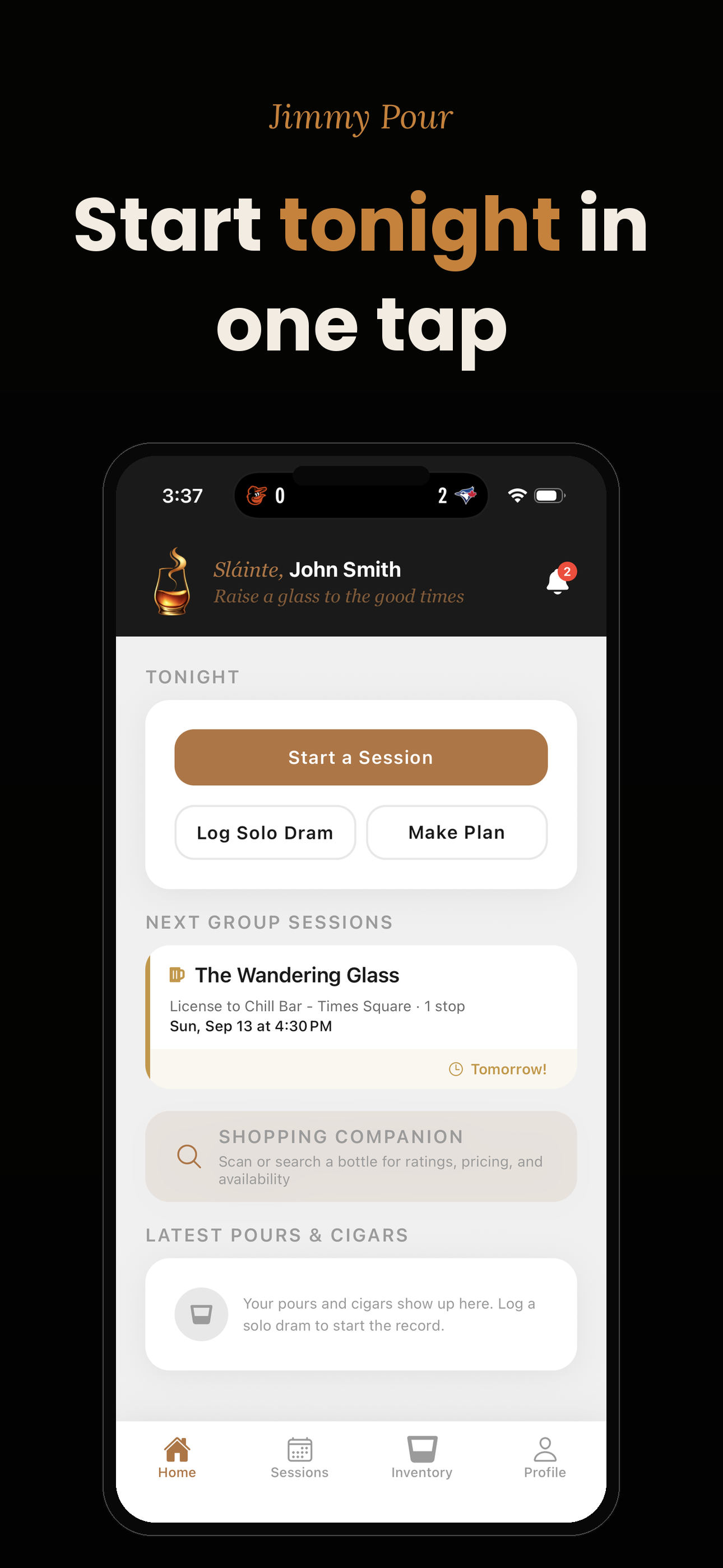 Start tonight in one tap: the dashboard with Start a Session, Log Solo Dram and Make Plan
